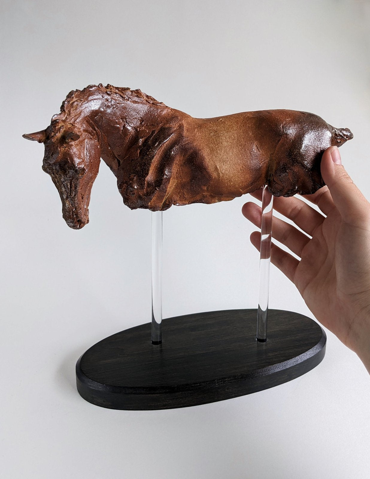 Beautiful brown ceramic clay horse sculpture by Susie Benes