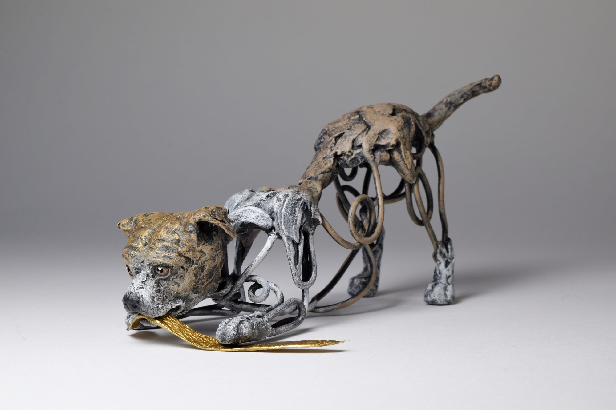 Air dry clay and wire pit bull dog sculpture by Susie Benes