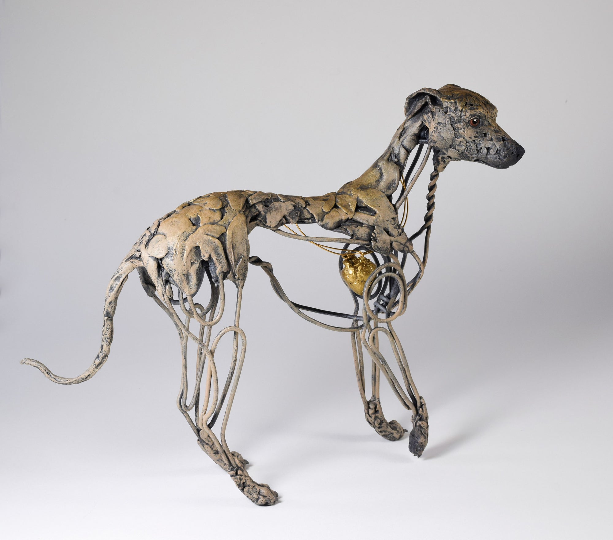 Air dry clay and wire whippet dog sculpture by Susie Benes