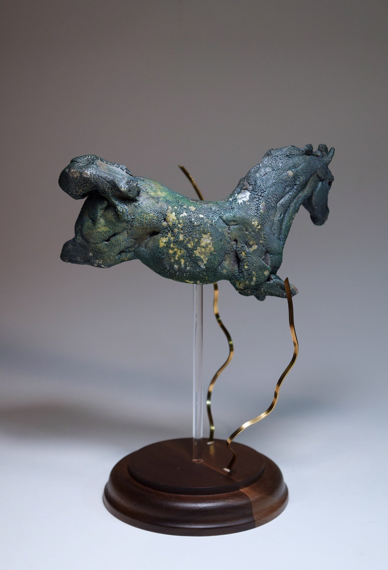 Blue aquatic horse in ceramic raku fired by Susie Benes