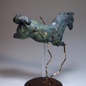 Blue aquatic horse in ceramic raku fired by Susie Benes