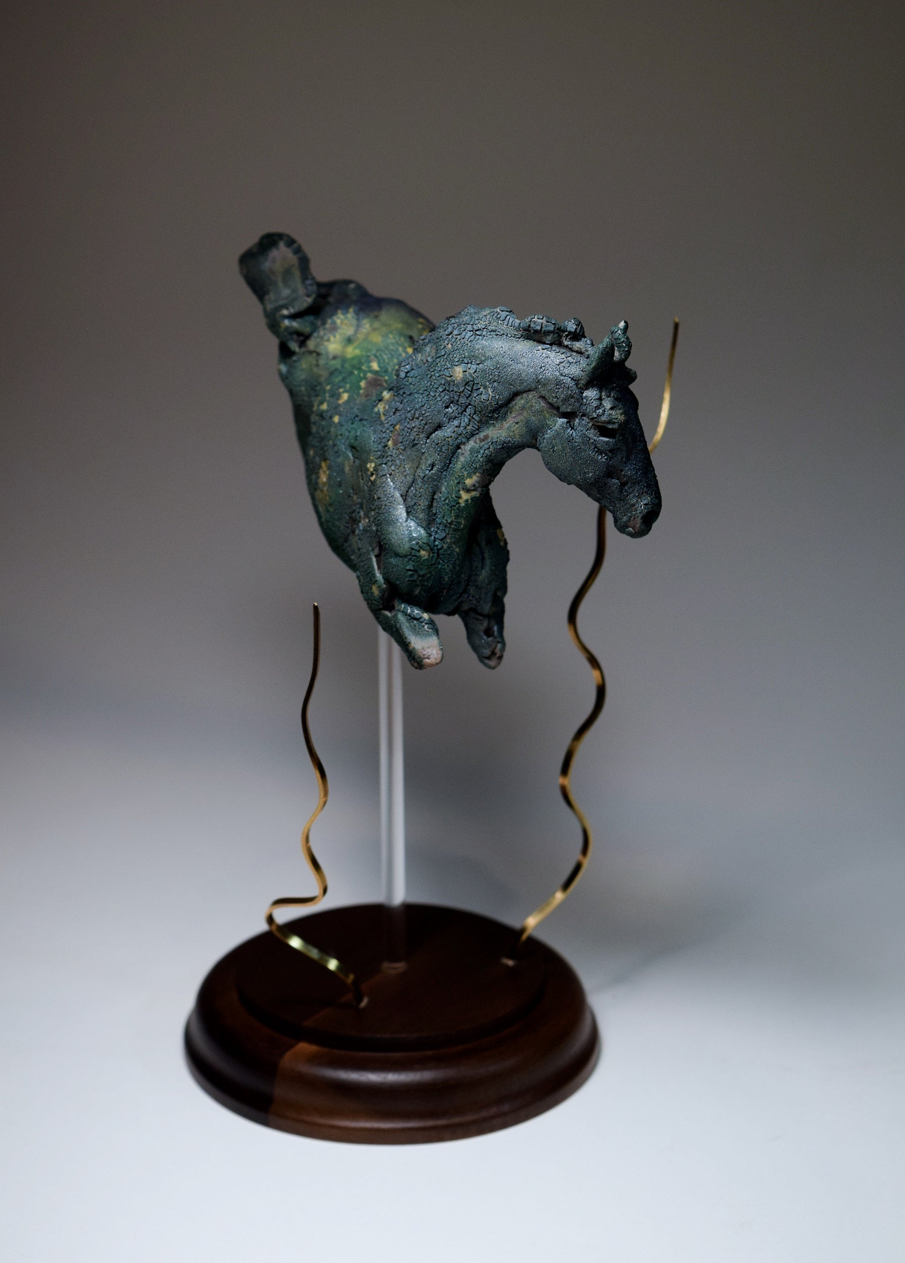 Blue aquatic horse in ceramic raku fired by Susie Benes