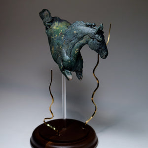 Blue aquatic horse in ceramic raku fired by Susie Benes