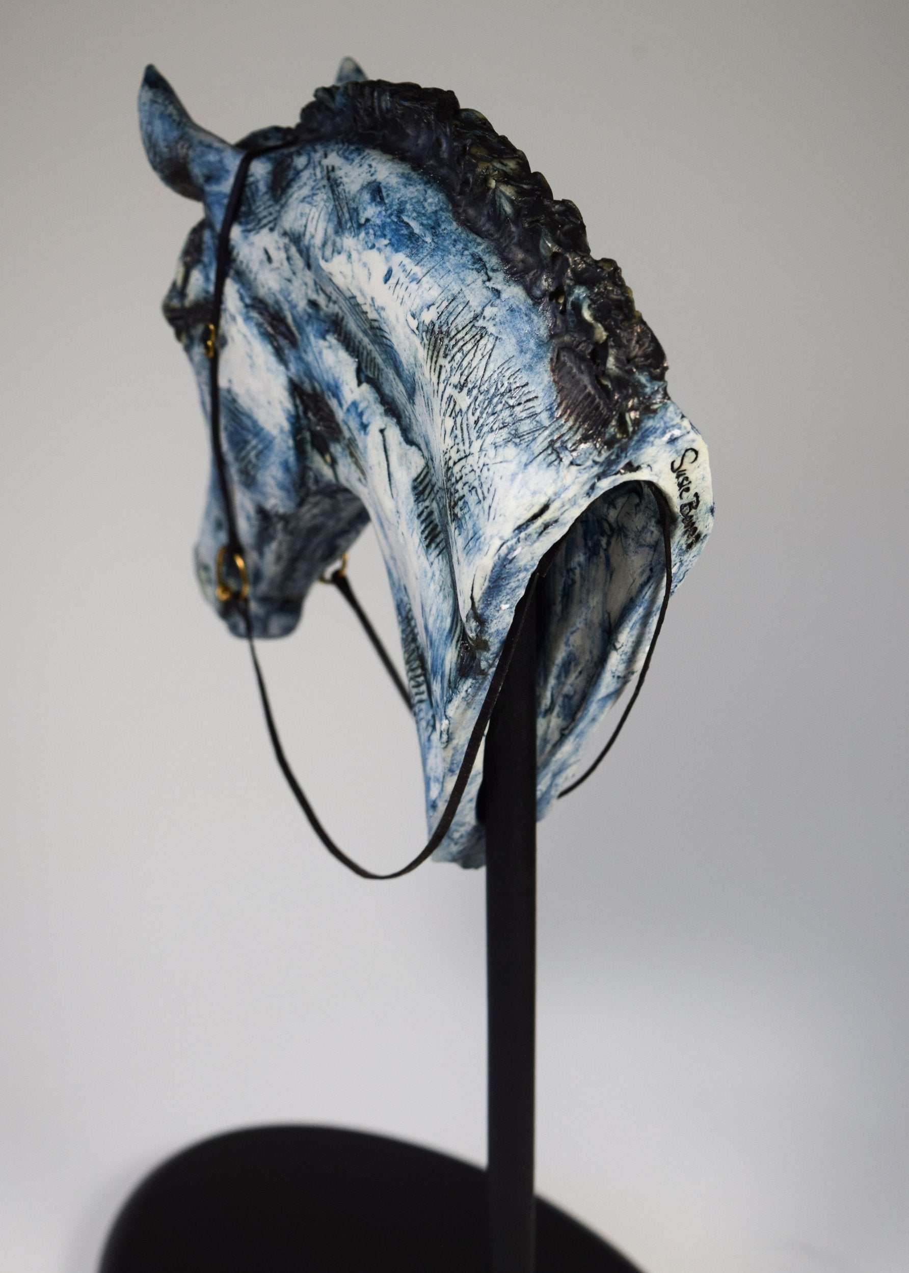 Blue ceramic horse head from back sculpture by Susie Benes