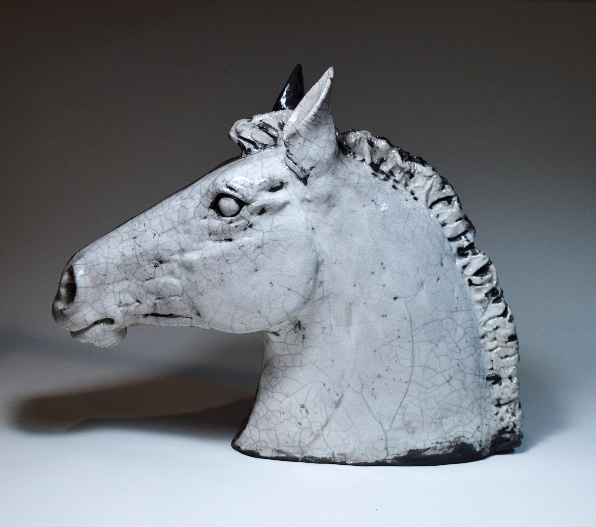 Raku ceramic horse head in black and white by Susie Benes