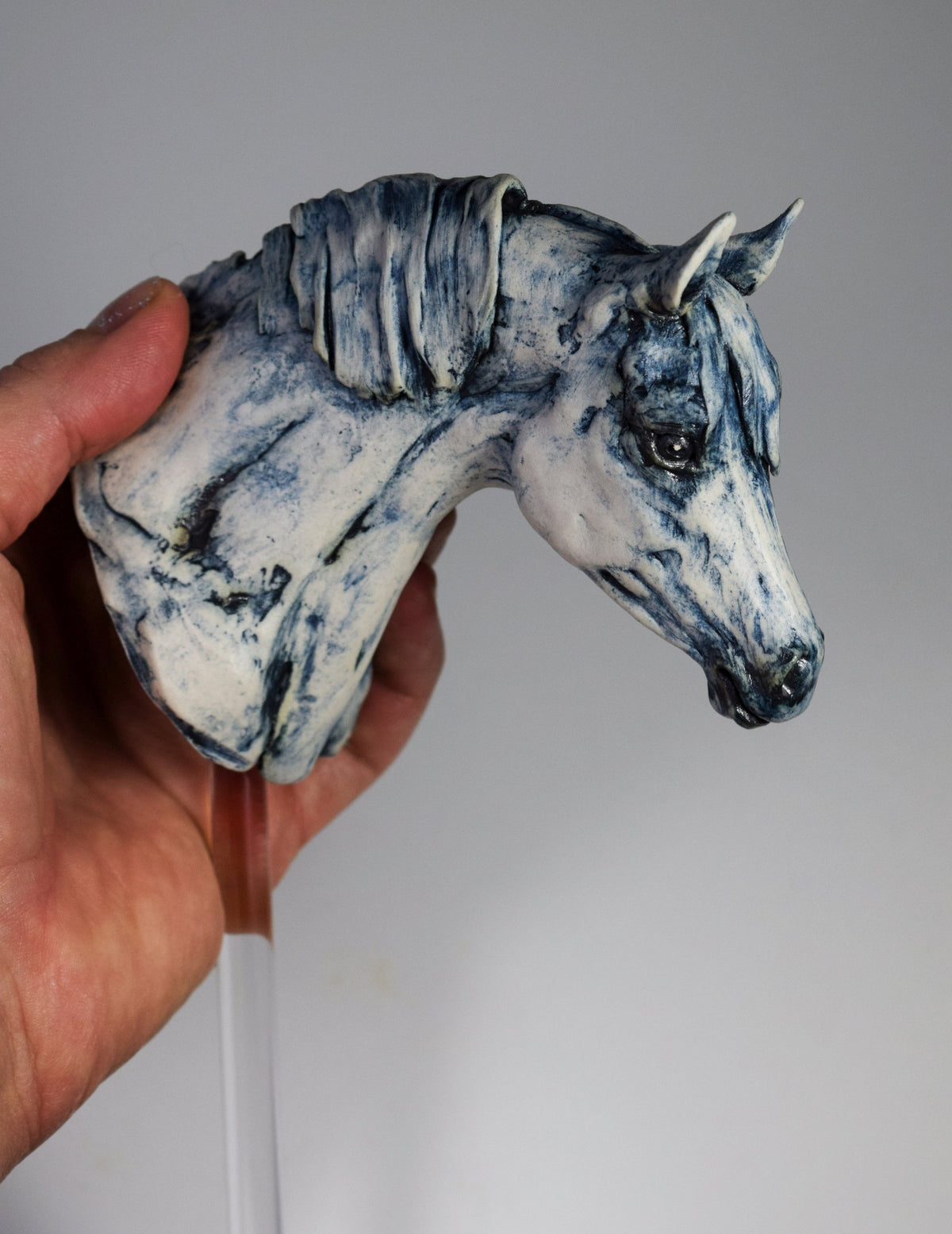 Blue porcelain horse portrait bust by Susie Benes