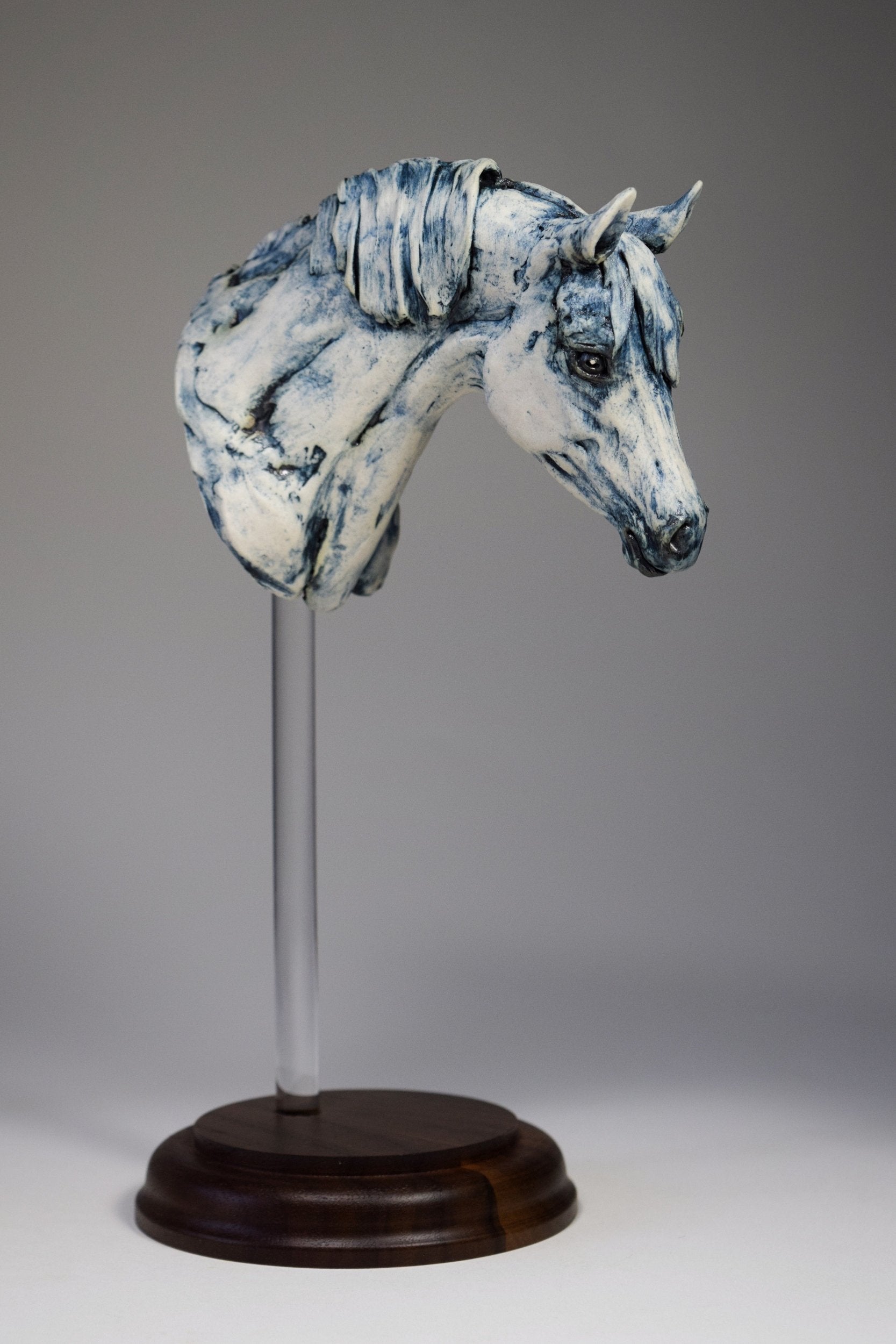 Blue porcelain horse portrait bust by Susie Benes