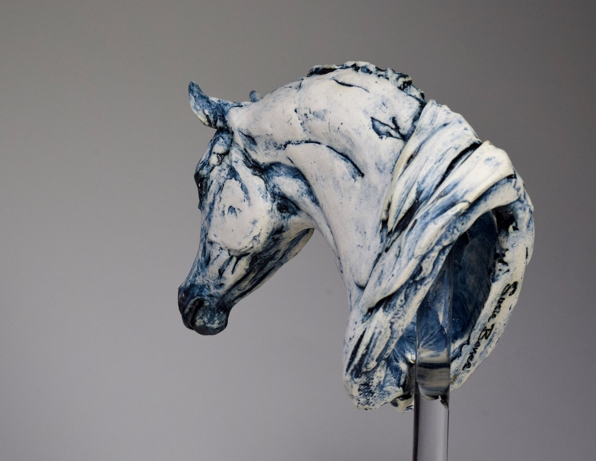 Blue porcelain horse portrait bust by Susie Benes