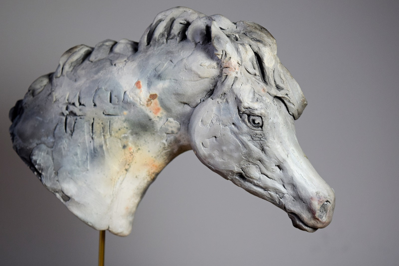 Smoke fired ceramic horse head sculpture by Susie Benes