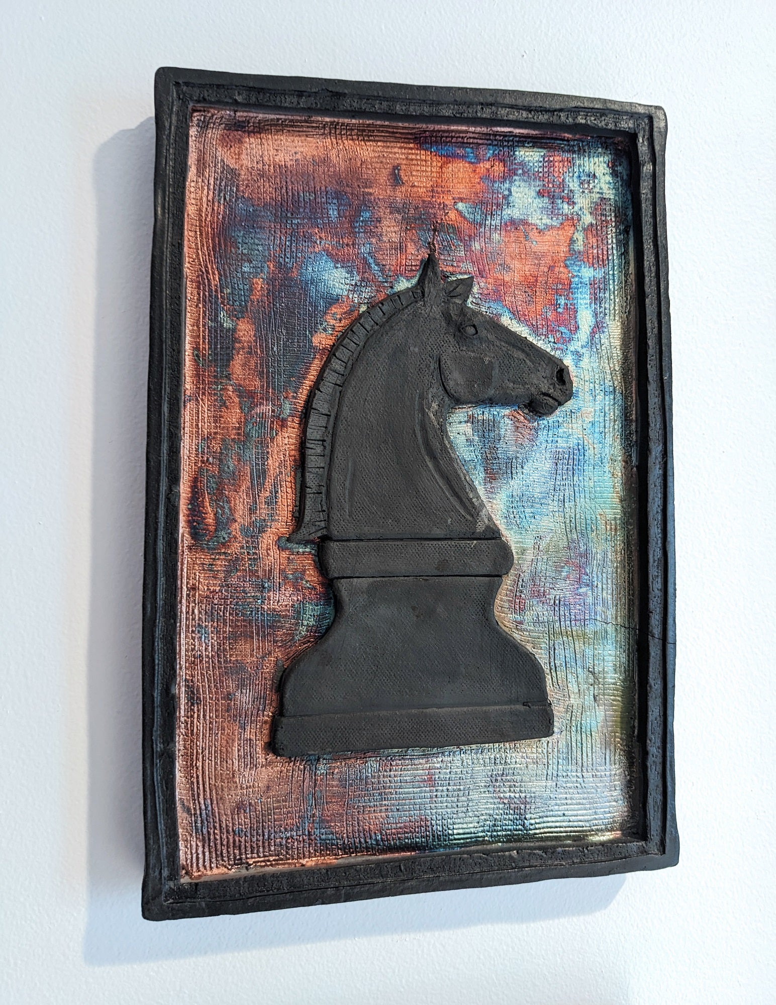 Raku ceramic knight horse chess piece wall plaque