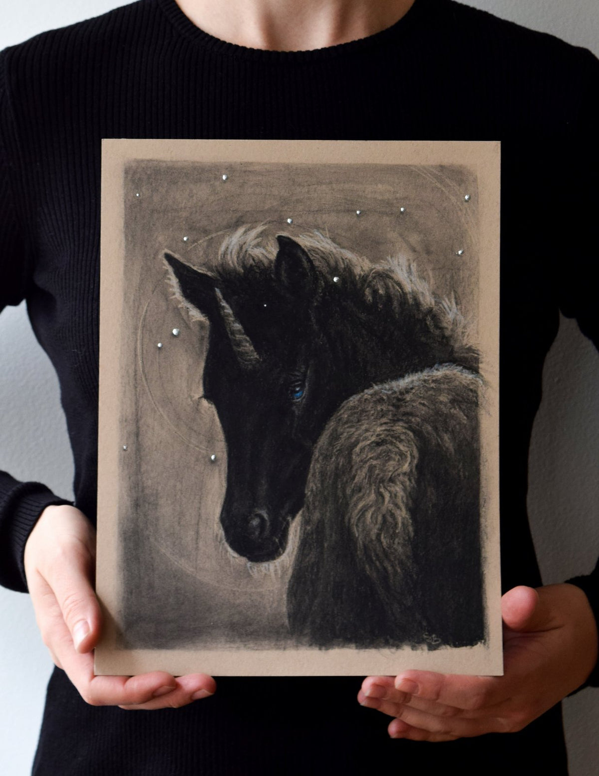 One of a kind charcoal unicorn drawing with blue eyes