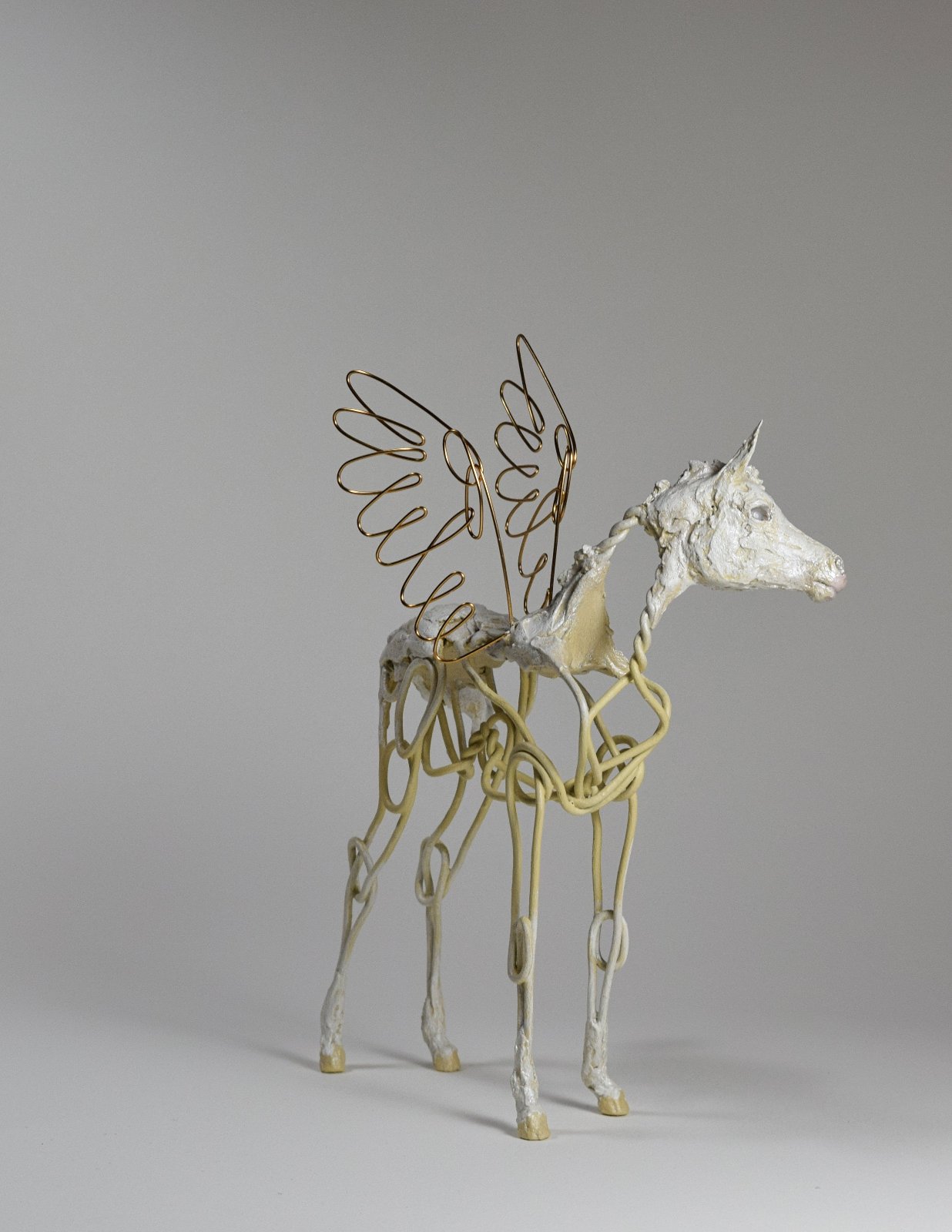 Wire and clay pegasus horse sculpture by Susie Benes