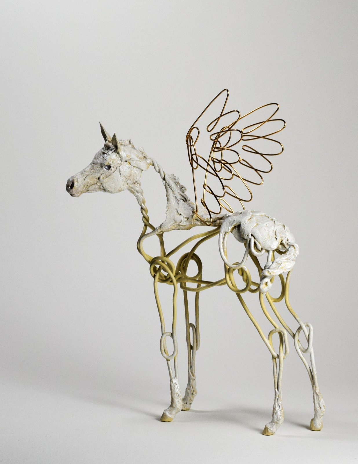 Wire and clay pegasus horse sculpture by Susie Benes