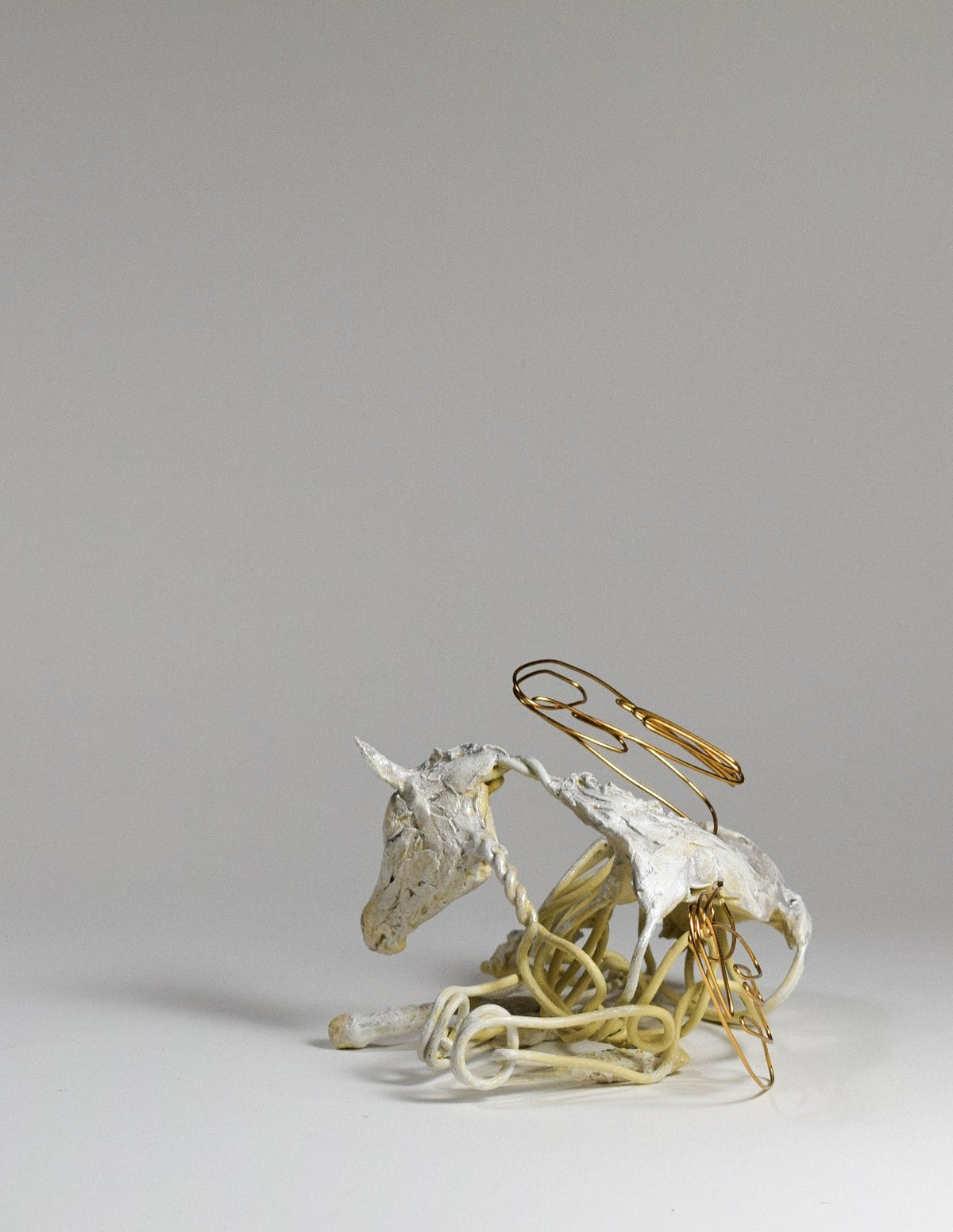 Wire and clay pegasus horse sculpture by Susie Benes