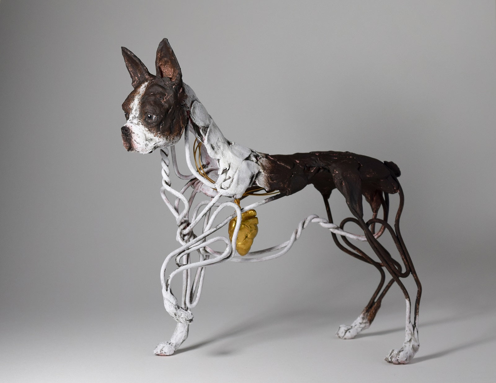 Air dry clay and wire french bulldog dog sculpture by Susie Benes