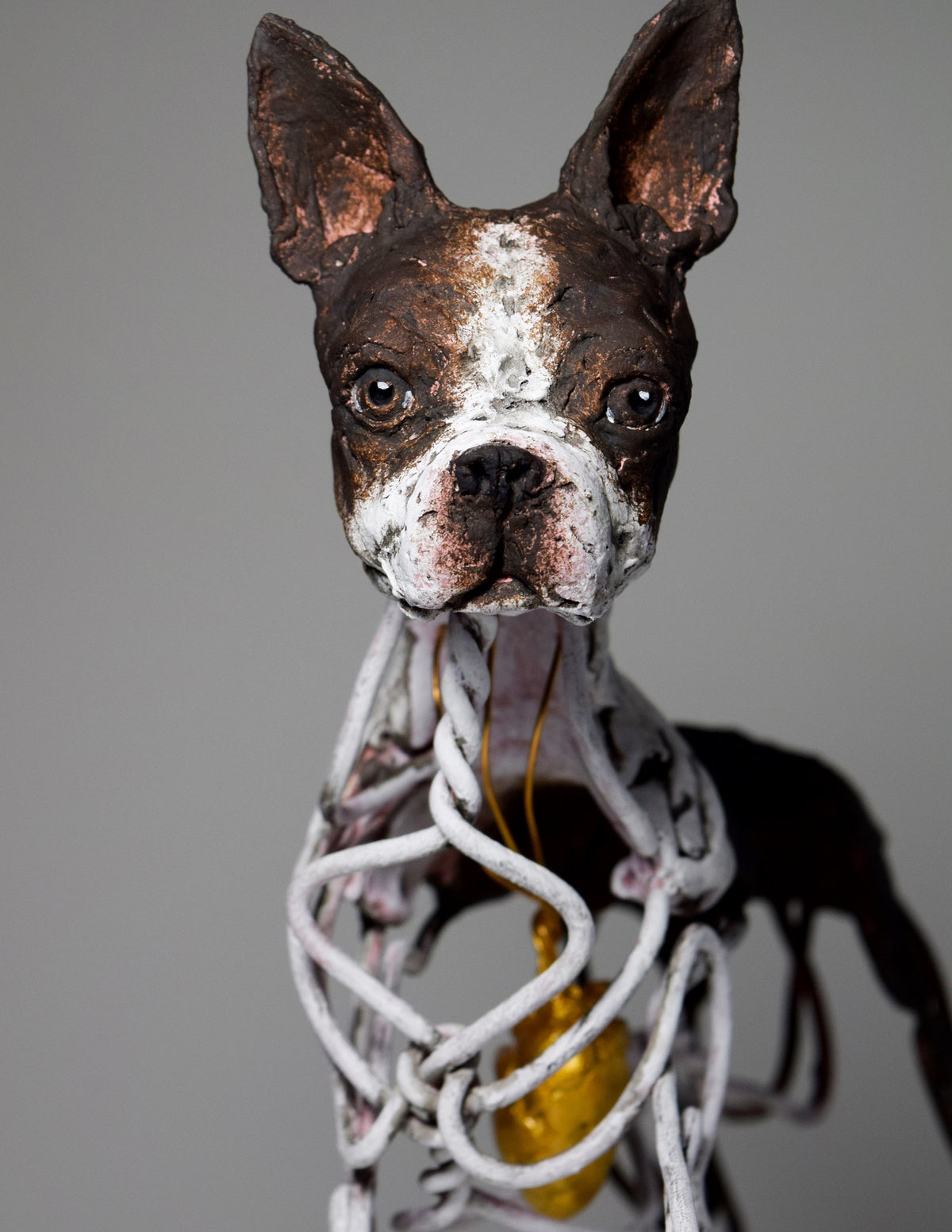 Air dry clay and wire french bulldog dog sculpture by Susie Benes