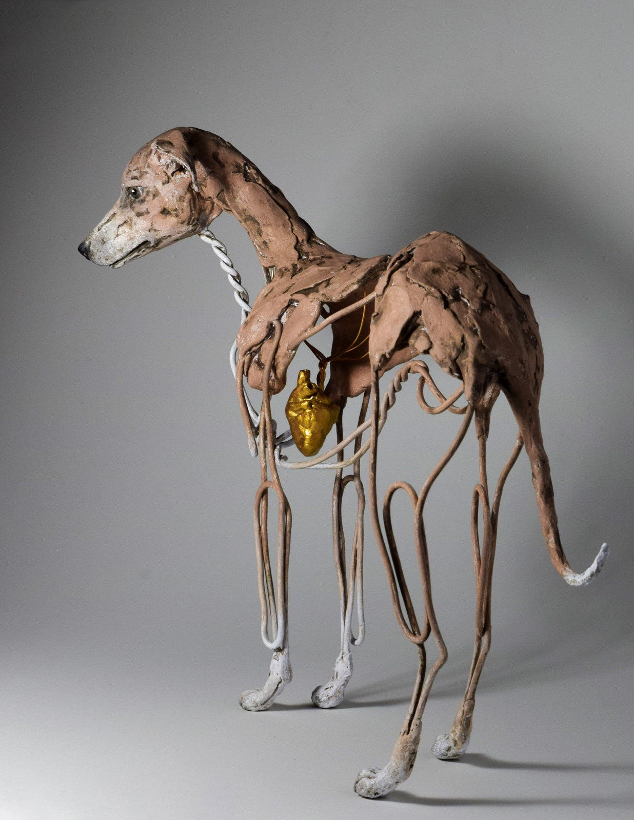 Air dry clay and wire whippet dog sculpture by Susie Benes