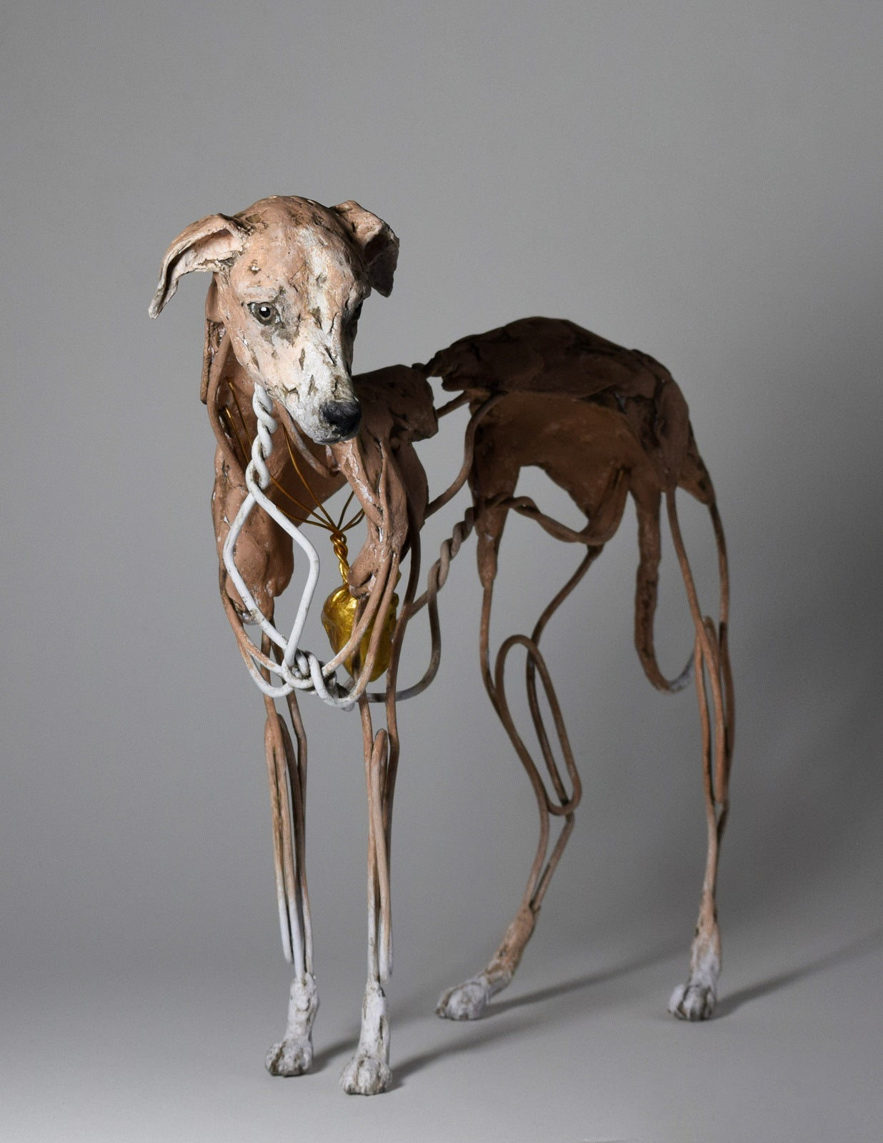 Whippet dog sculpture from air dry clay and wire by Susie Benes